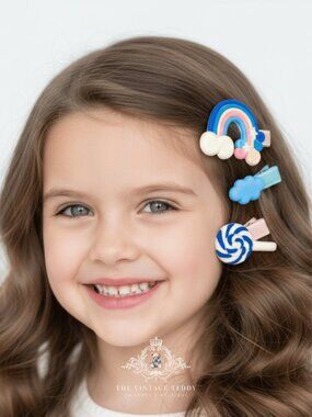 NWT Cute Girls Hair Accessories Rainbow, Cloud & Lollipop Kids Hair Clips Blue